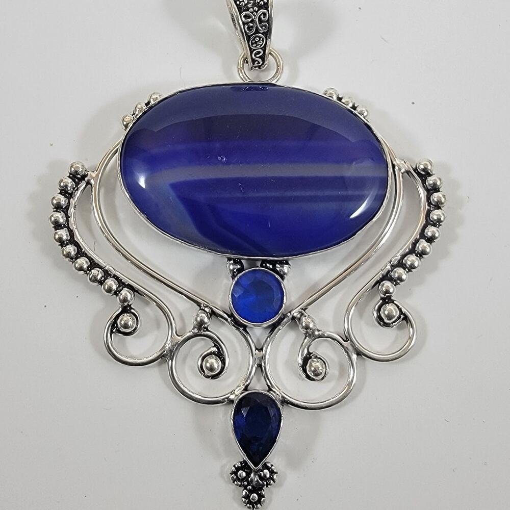 Blue Banded Agate Pendant – With Sapphire Quartz Accent + 20" Silver Chain